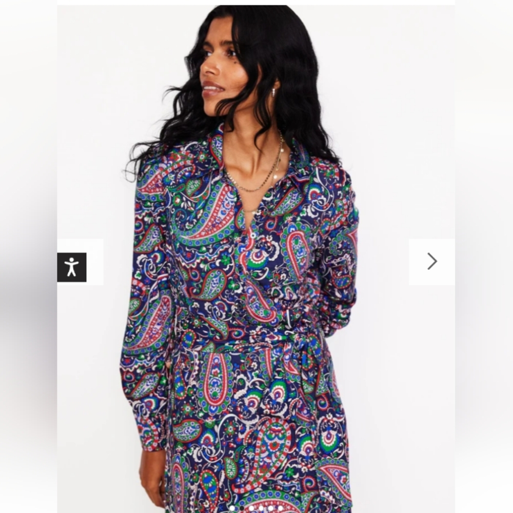 $185 NWT Woman's Boden Laura Jersey Paisley Shirt Dress Size 10L Waist Tie Midi - Picture 3 of 12